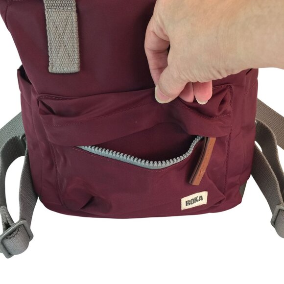 Roka London Bag Company Maroon Backpack Rucksack Gray Straps Medium Roll Top - Picture 5 of 16